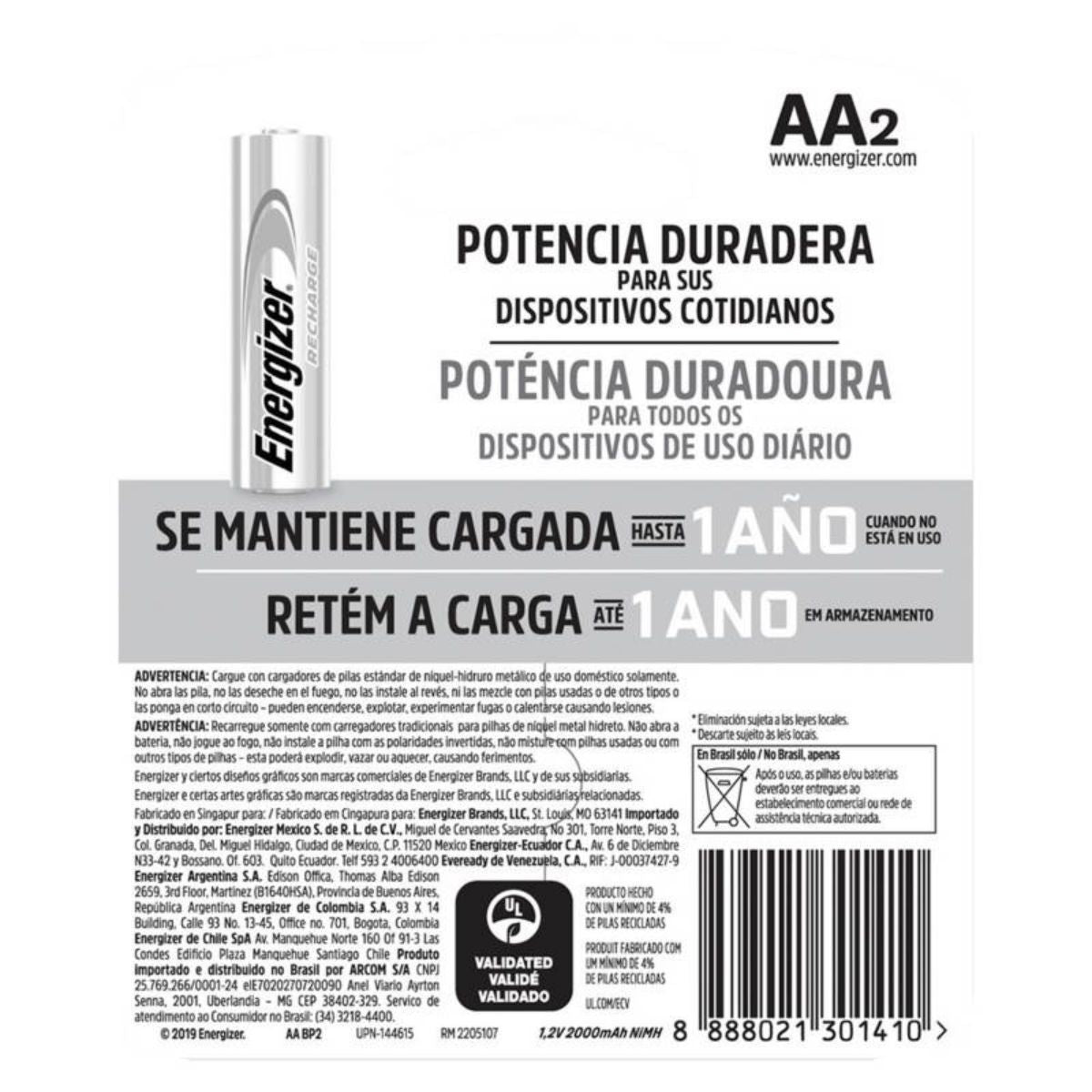 Pila Recargable Energizer Tamaño Aa 2 Unidades