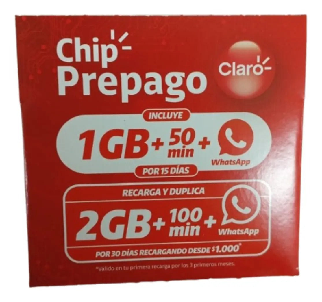 Pack 100 Chips Prepago Claro 2 Gb + 100 Minutos