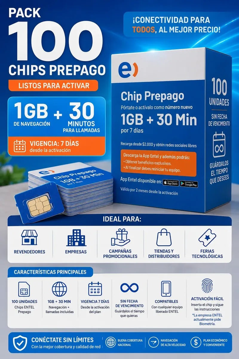 Pack 100 Chips Prepago Entel 1gb + 30 Minutos