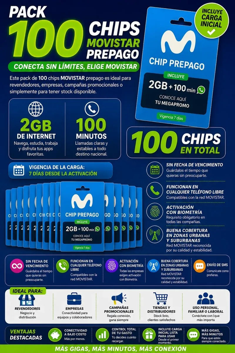 Pack 100 Chips Prepago Movistar 2 Gb + 100 Minutos