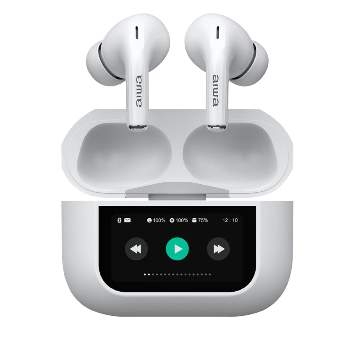 Audífono Aiwa TWS Pro Cancelación De Ruidos Pantalla Blanco