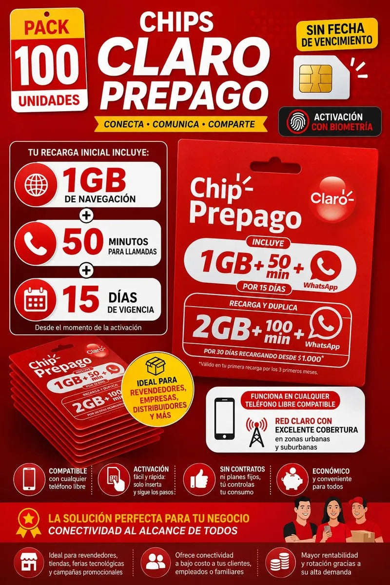 Pack 100 Chips Prepago Claro 2 Gb + 100 Minutos
