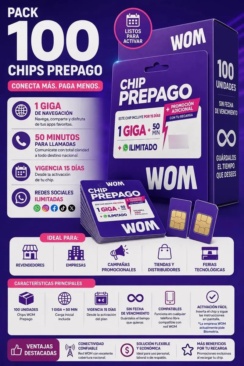 Pack 100 Chips Prepago Wom 1 Gb + 50 Minutos