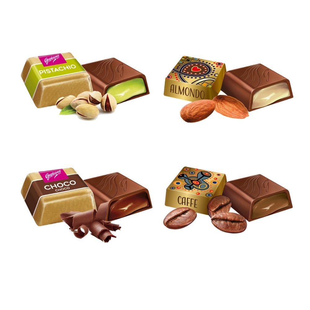 Pack 4 cajas bombones Goplana 1kg Pist+café+Almen+Choco