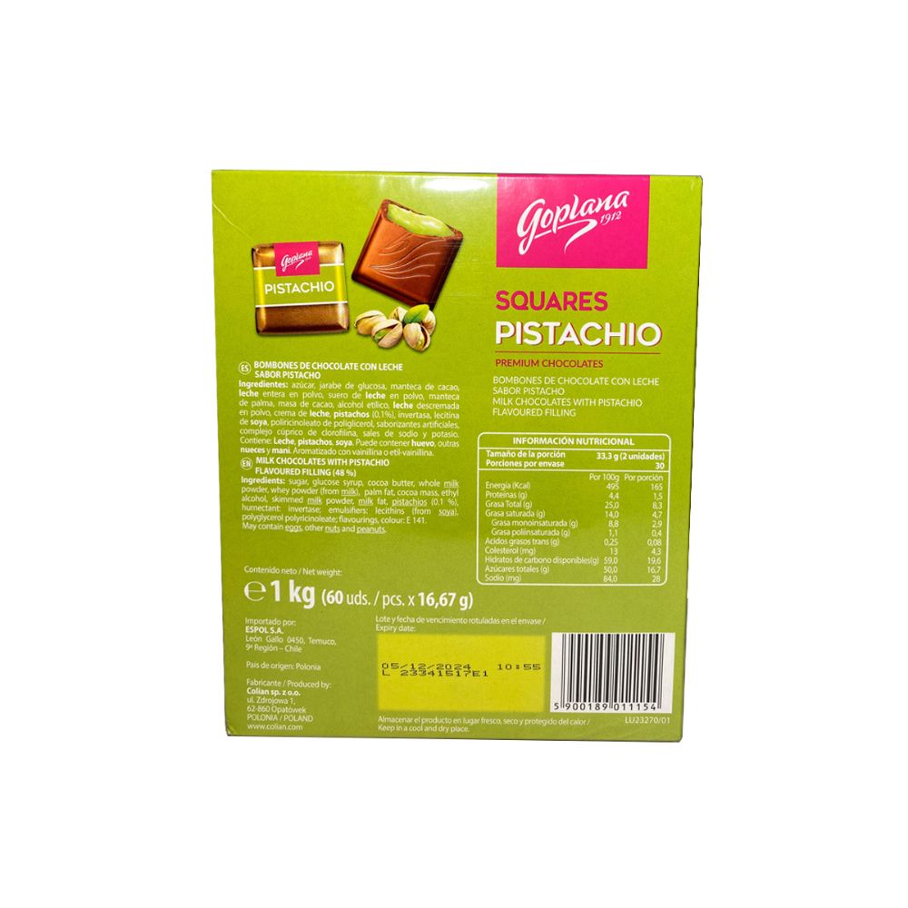 Bombón Chocolate Goplana 1 Kg Sabor Pistacho