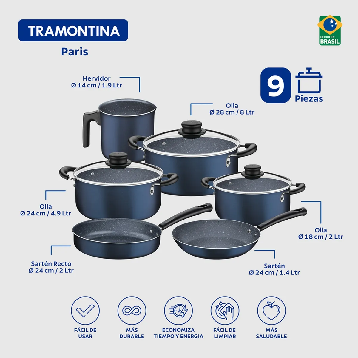 Batería De Cocina Tramontina 9 Piezas Azul