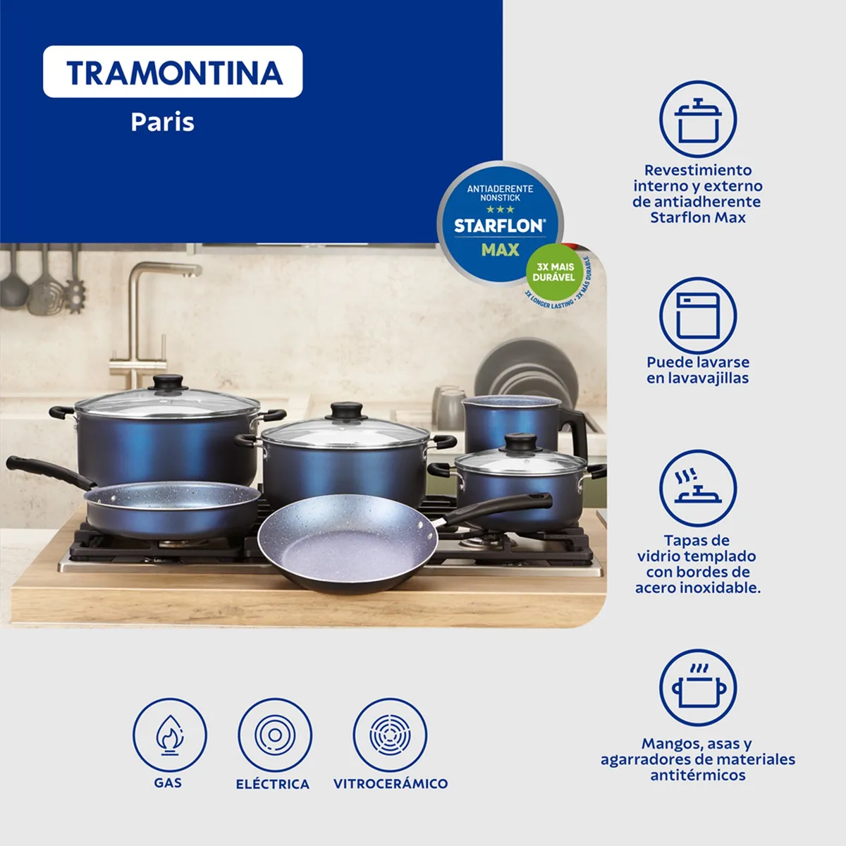 Batería De Cocina Tramontina 9 Piezas Azul